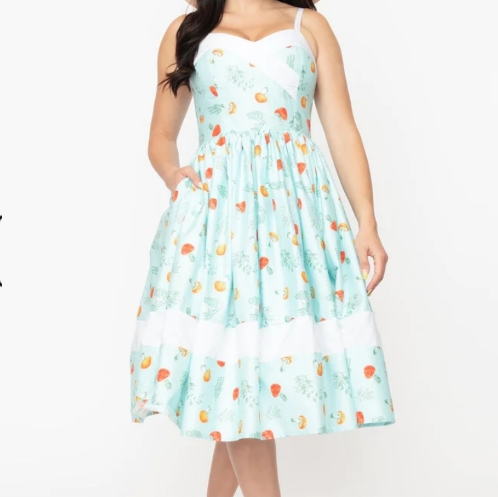Unique Vintage Light Blue Mushroom Print Darienne Swing Dress
